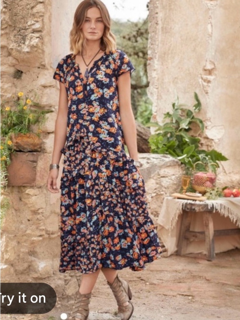 Sundance Pretty Petals Navy Floral Tiered Midi Dress with Orange & Blue Accents